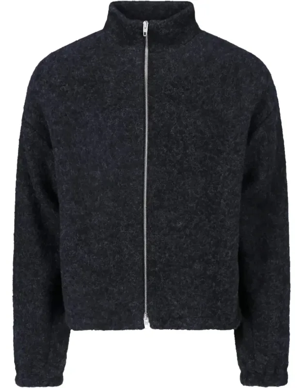 Textured Wool Zip Jacket With High Collar And Boxy Silhouette