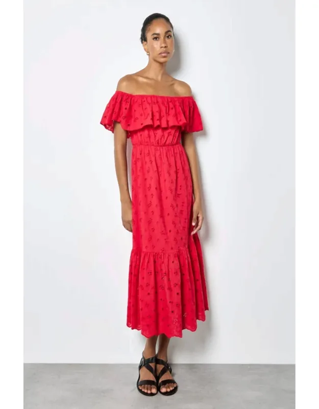 Broderie Bardot Tiered Detail Maxi Dress