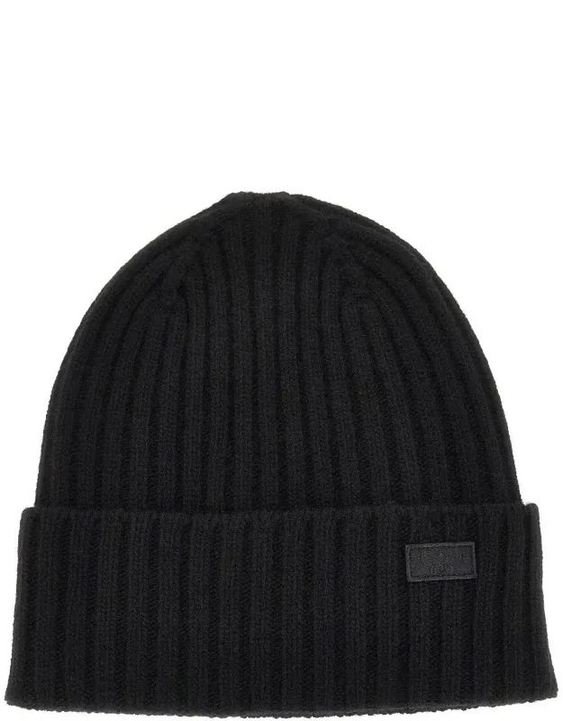 Virgin Wool Beanie Hat With Logo Patch
