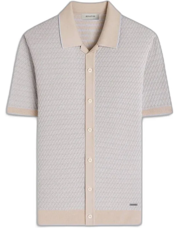 Two-tone Honeycomb Button-front Short-sleeve Sweater