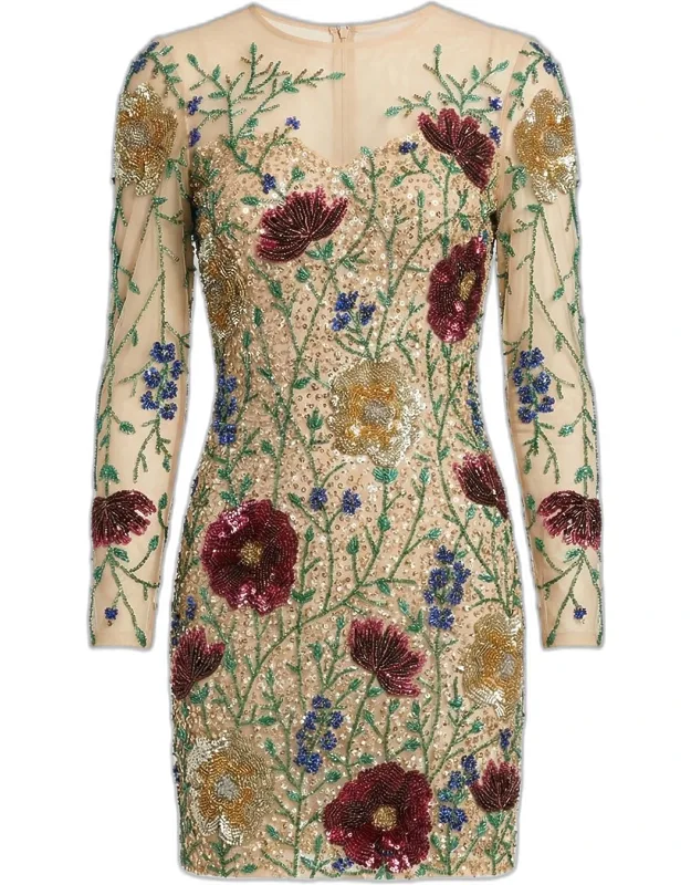 Floral Beaded Sequin Mesh Mini Dress