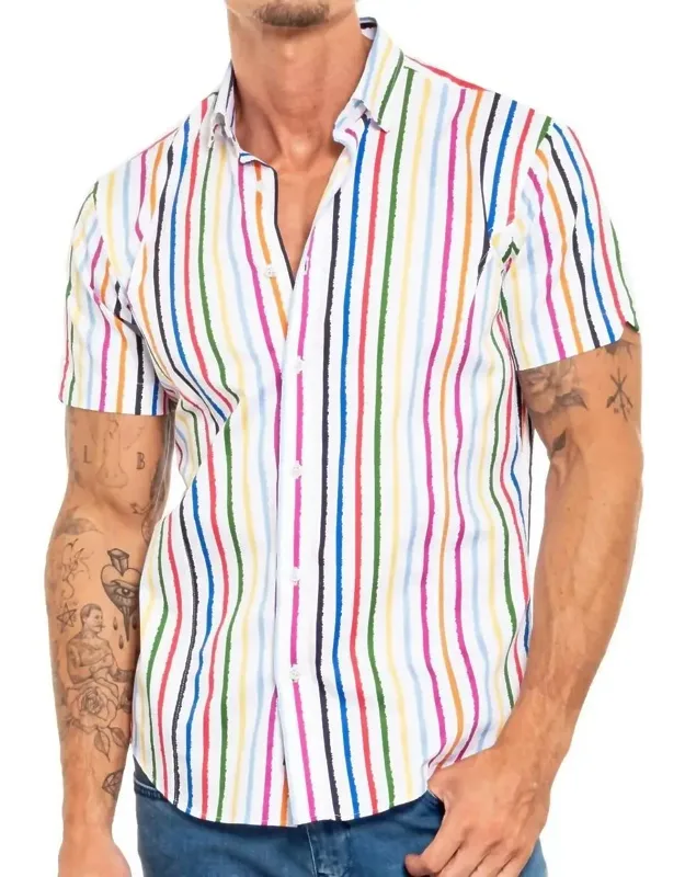Wet Paint Short Sleeve Button Down Shirt In White Stripes