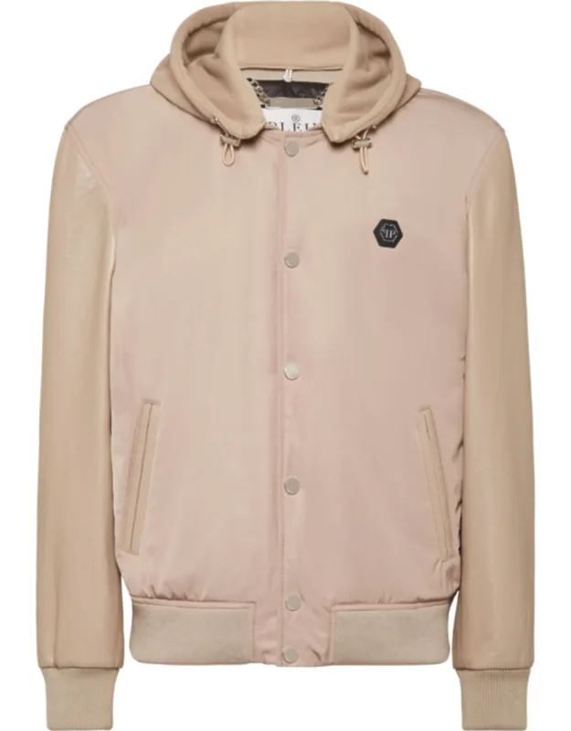 Nylon & Leather Varsity Bomber Hooded Jacket