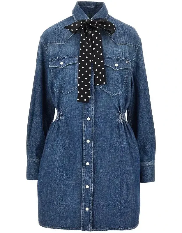 Denim Mini Dress With Silk Bow