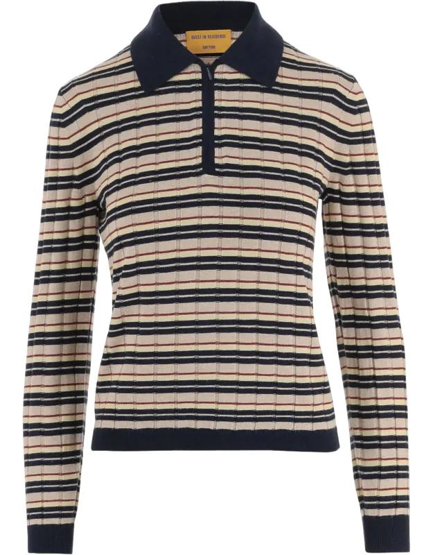Striped Silk-linen Zip Polo Sweater