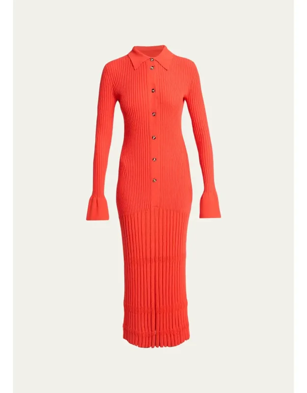 Pleated Knit Midi Polo Dress