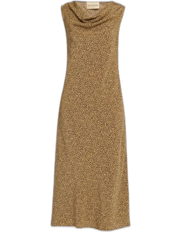 Sleeveless Leopard-print Silk Draped Midi Dress