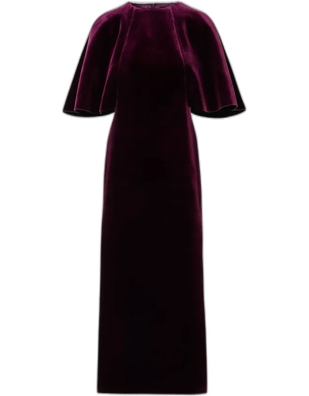 Cape-sleeve Velvet Neoprene Midi Dress