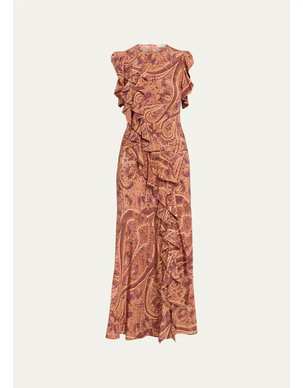 Ameline Sleeveless Silk Maxi Dress With Ruffle Details And Biascut Silhouette