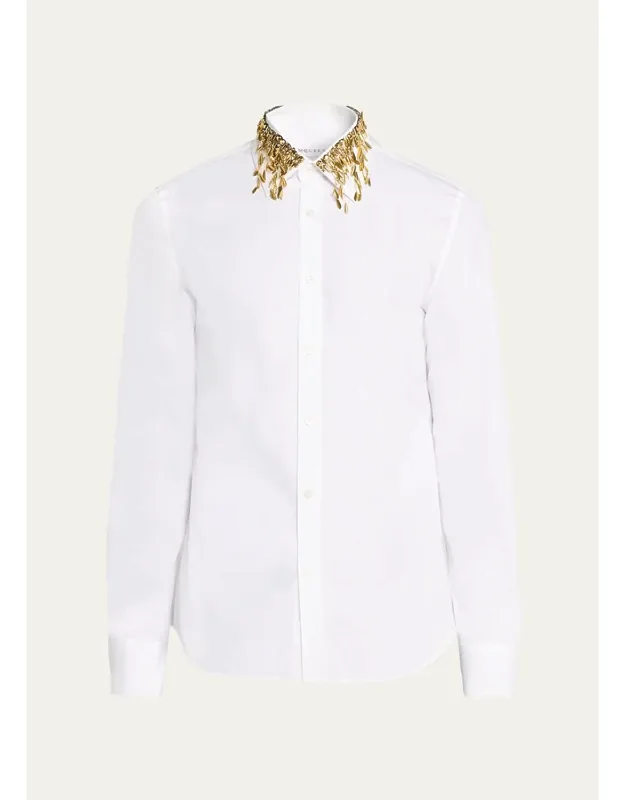 Metal Leaves And Crystal-embellished Collar Poplin Dress Shirt