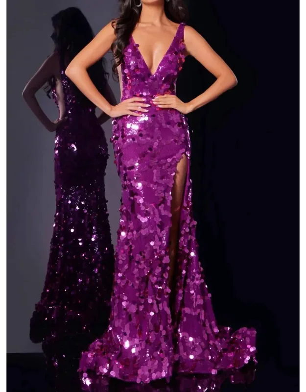 Fitted Sequin Formal Slit Beaded Prom Dress