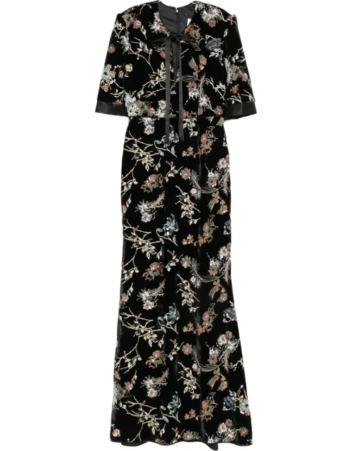 Floral-embroidered Velvet Maxi Dress