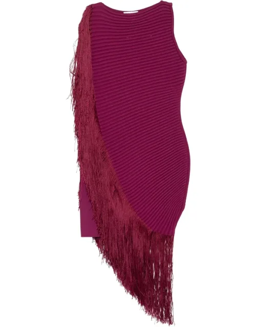 Fringe-trimmed Ribbed-knit Asymmetric Dress