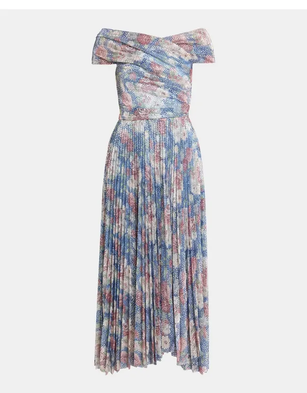 Off-the-shoulder Metallic Floral Voile Pleated Midi Cocktail Dress