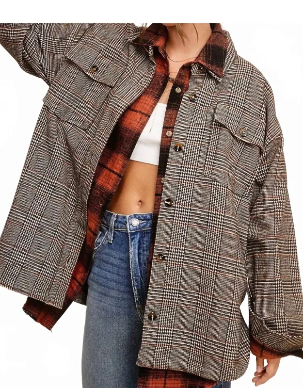 Classic Button Down Plaid Jacket With Side Pockets