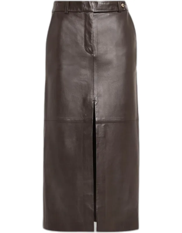 Double-slit Leather Midi Pencil Skirt