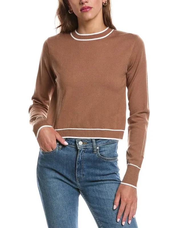 Stripe Trim Cropped Crewneck Sweater