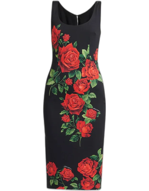 Rose-print Sleeveless Midi Dress