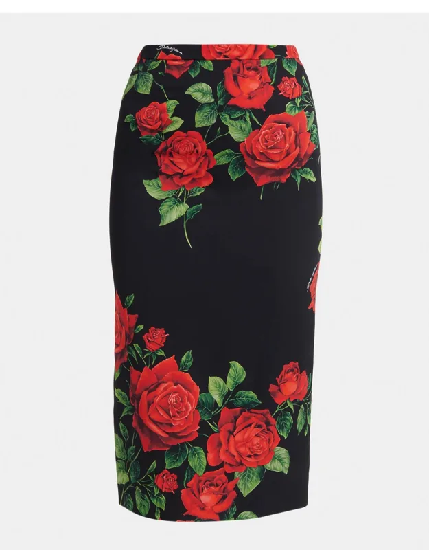 Rose-print Silk Midi Sheath Skirt