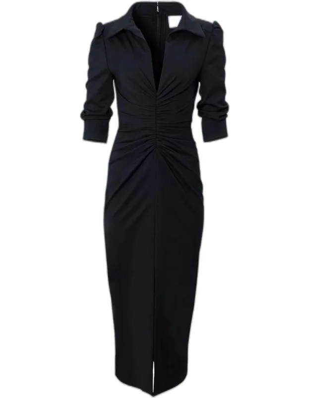 Ruched Jersey Wool Midi Dress