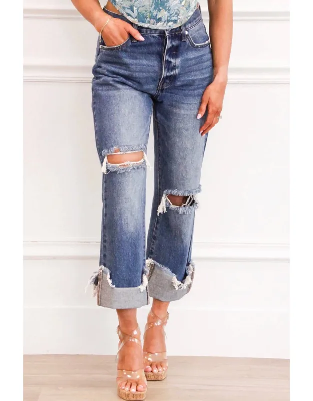 High Waisted Distressed Cuffed Jeans