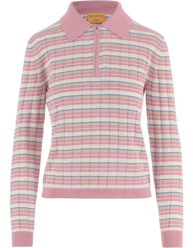 Striped Silk-linen Zip Polo Sweater