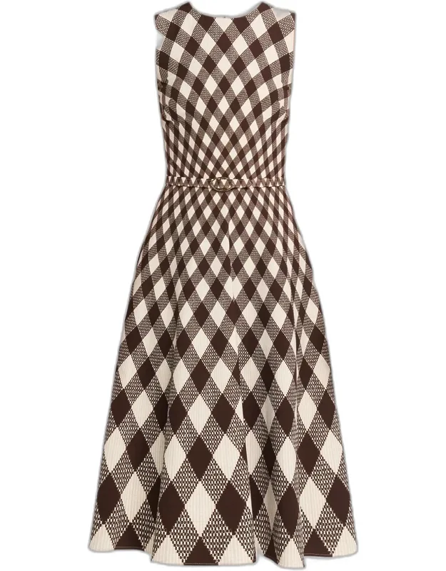 Sleeveless Argyle Wool Belted Midi Dress