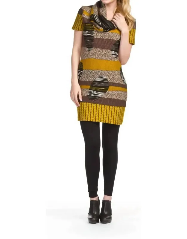 Cowl Neck Short Sleeve Belted Patchprint Dress