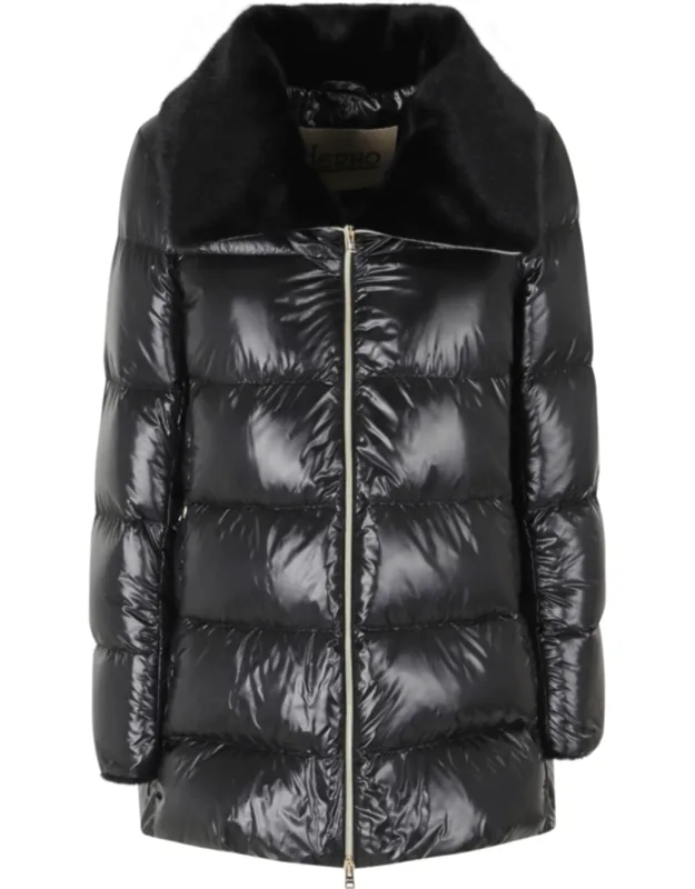 Fur-lined Collar Striped Quilted Down Jacket