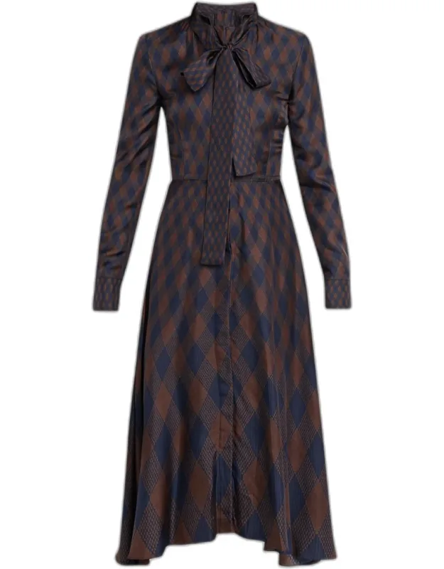 Tie-neck Argyle Silk Midi Dress