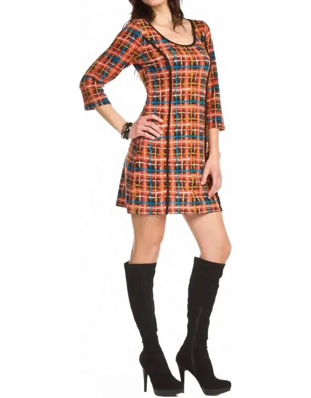 Plaid Quarter Sleeve Dress With Panels