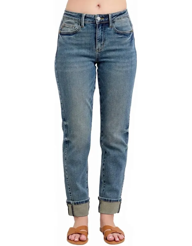 Melody Vintage Wash Panel Cuff Boyfriend Jeans