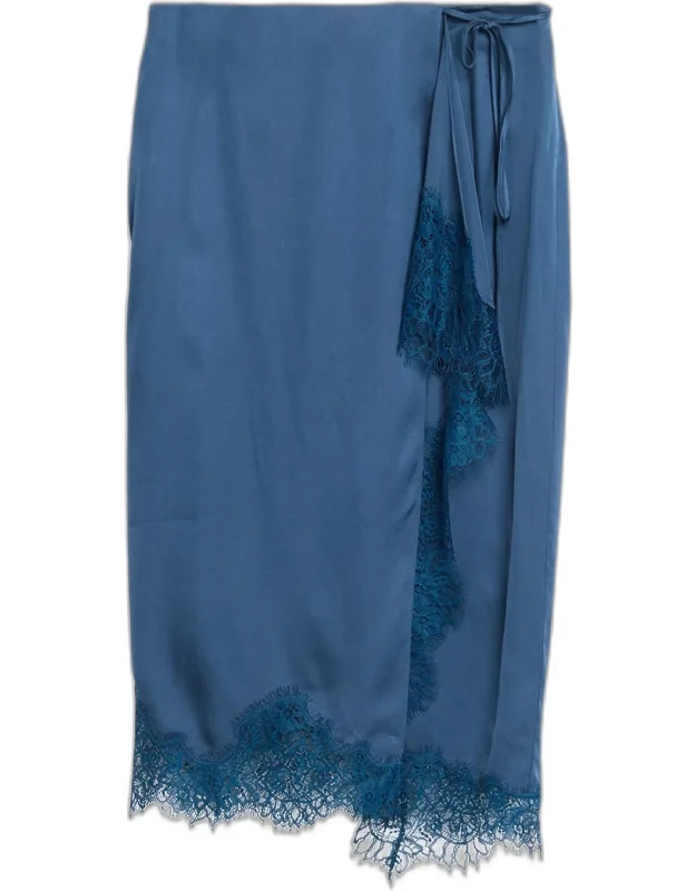 Lace-trim Satin Midi Skirt