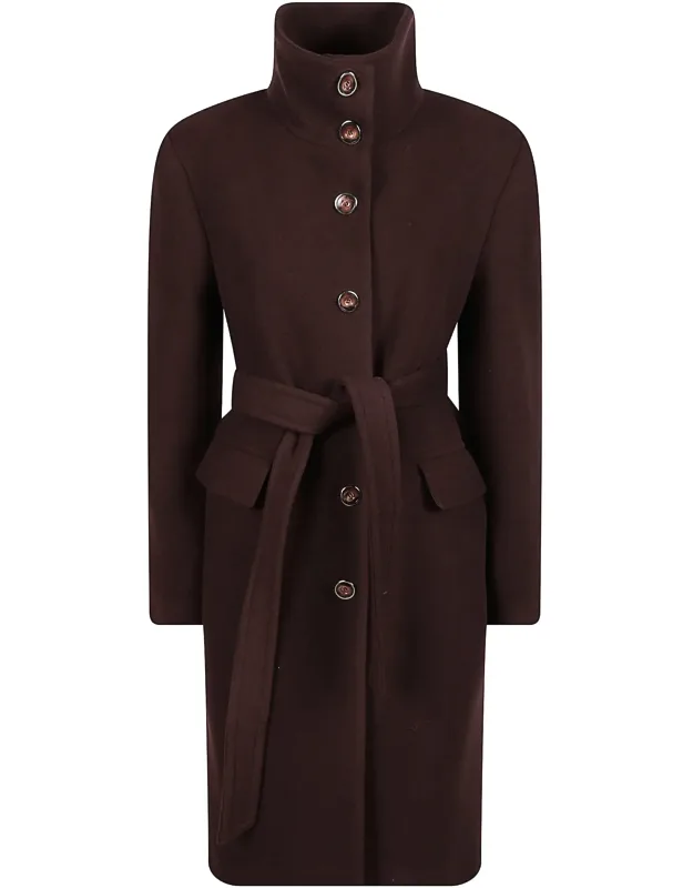 Belted Wool Blend Coat With High Stand Collar