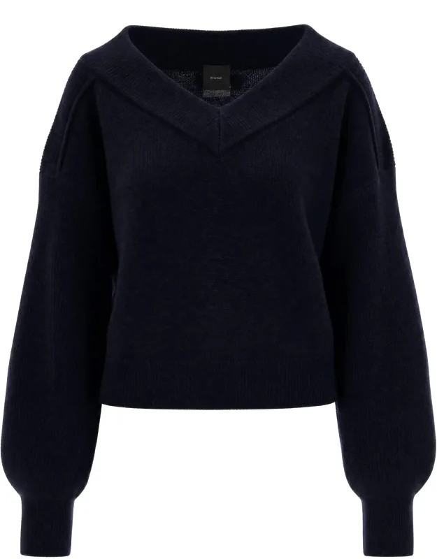 V-neck Knit Sweater With Balloon Sleeves And Ribbed Cuffs