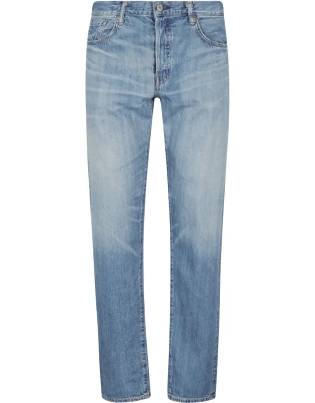 Light Blue Regular Tapered Five-pocket Cotton Jeans