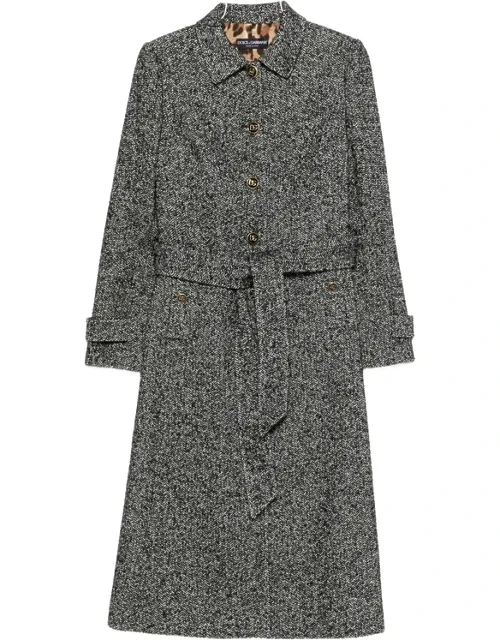 Herringbone-pattern Belted Single-breasted Coat