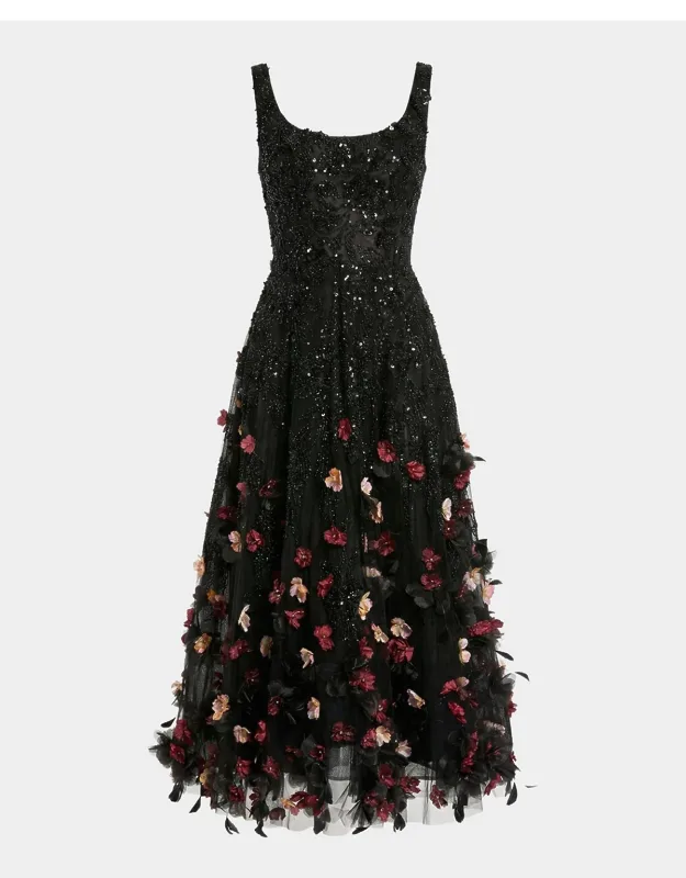 Sleeveless Beaded Floral Applique Midi Dress