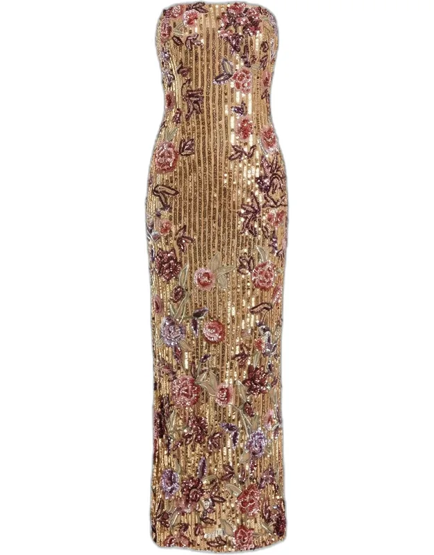 Strapless Floral Sequin Column Maxi Dress
