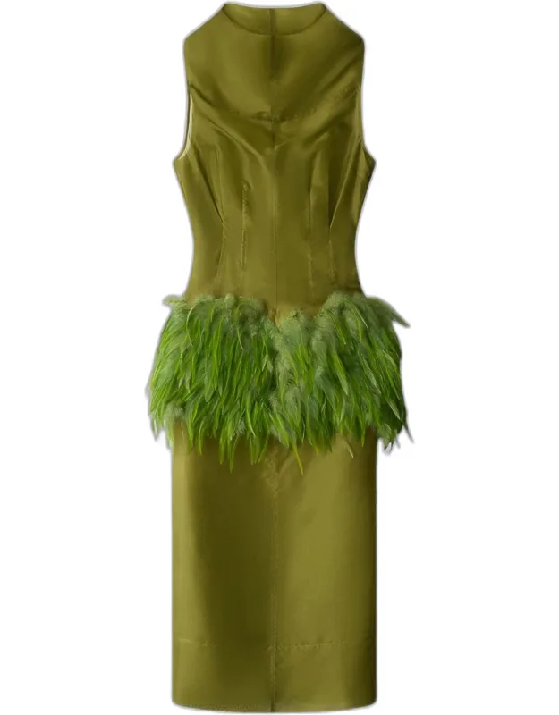 Feather-trim Midi Dress