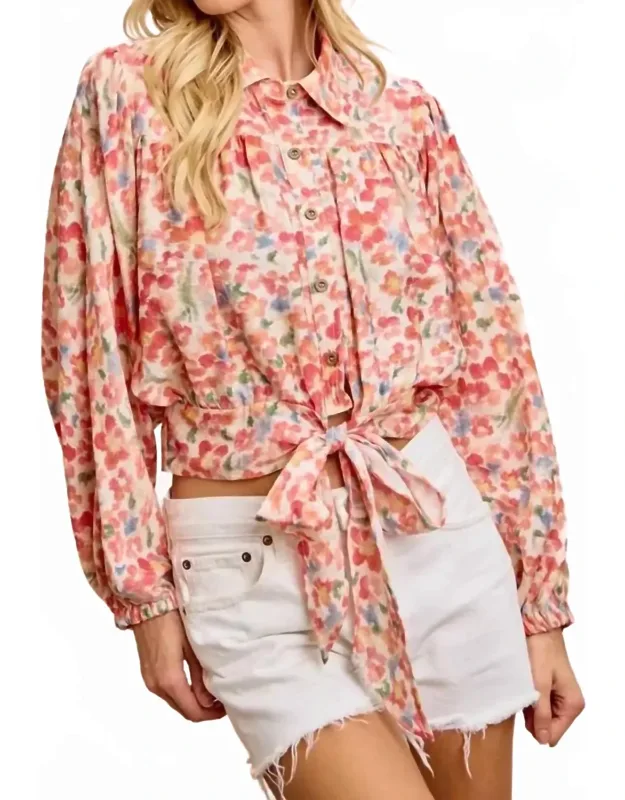 Floral Print Tie Hem Detail Crop Shirt