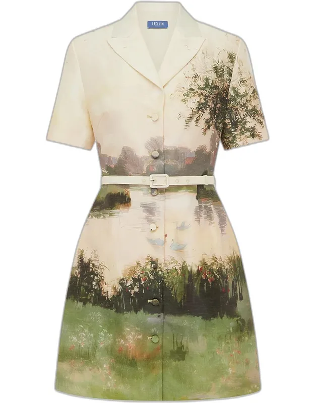 Belted Landscape-print Mini Dress