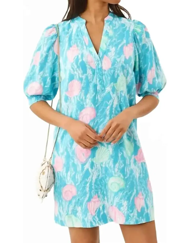 Mialeigh Elbow Sleeve Linen Dress - Puff Sleeves, Stand Collar