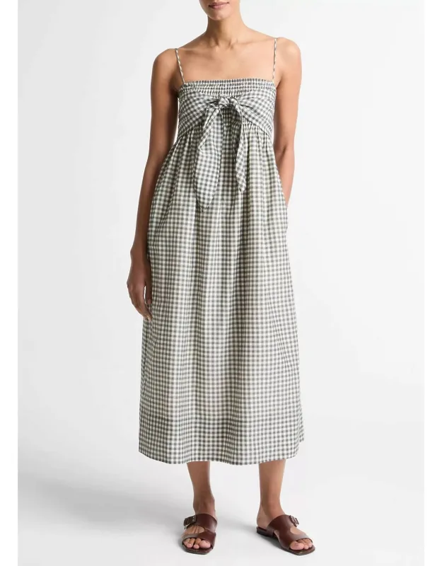 Gingham Cotton-silk Tie Smocked Dress