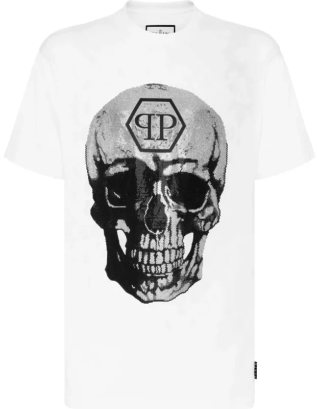 T-shirt With Round Neck And Skull Design With Crystals