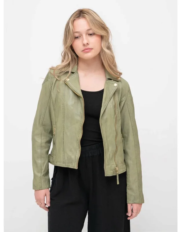 Raizel Leather Jacket With Textured Ribbed Shoulders And Gold Hardware