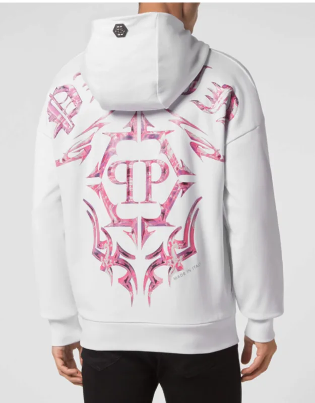 Hoodie Sweatshirt With Soft Cotton Fleece And Chrome Effect Printed Decors