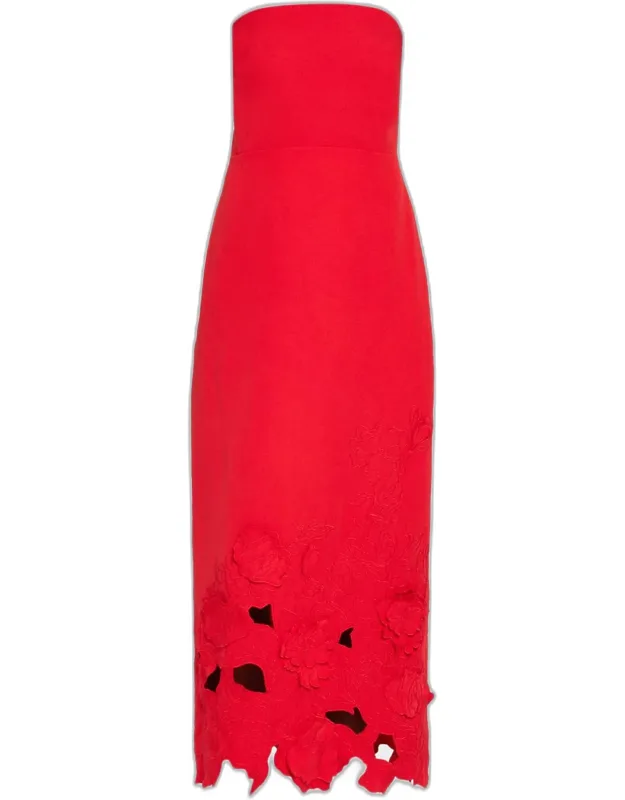Strapless Floral Applique Midi Dress