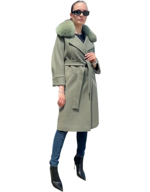 Genuine Polar Fox Tailored Cashmere Wool Coat