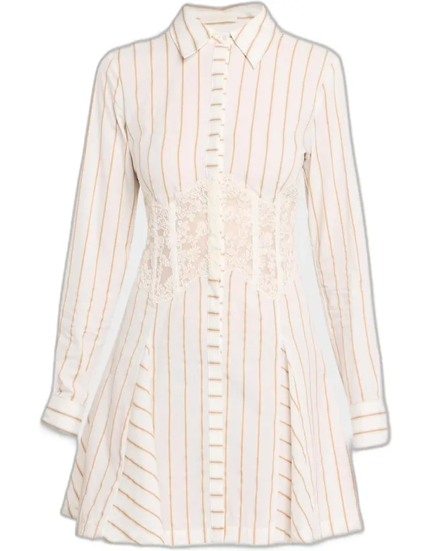 Wren Striped Lace-inset Godet Mini Shirtdress